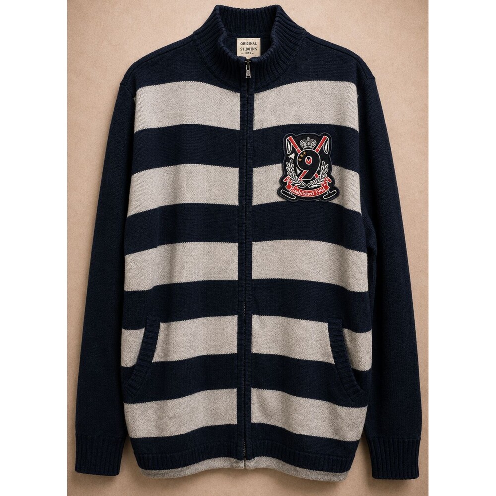 Striped Rugby Sweater Mens XL Y2K Full Zip Grunge Crest Knit Distressed